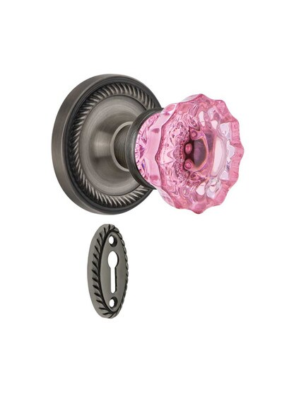 Rope Rosette Mortise Lock Set with Colored Fluted Crystal Glass Knobs Pink in Antique Pewter.